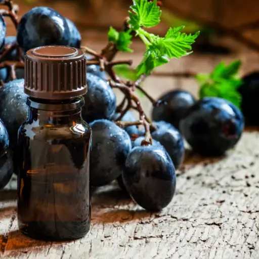 葡萄籽油装在棕色的瓶子里，葡萄串，葡萄藤