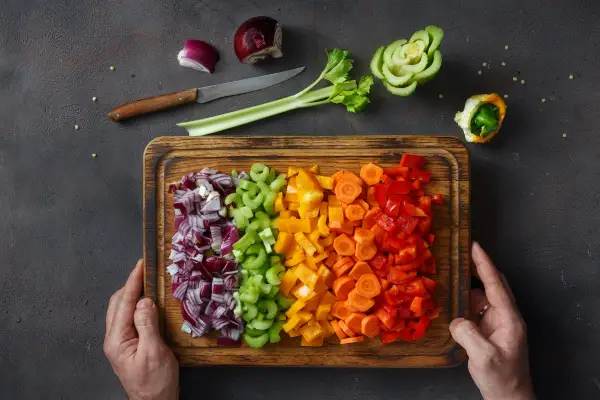 cutting colorful vegetables