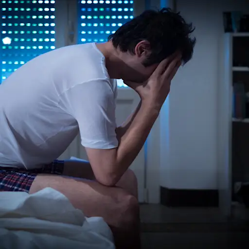 Sad and lonely man seated on his bed unable to sleep.