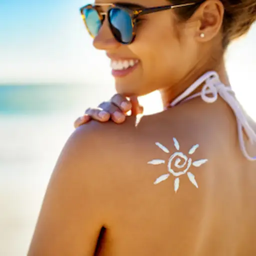 一名女子在沙滩上涂了防晒霜晒伤了肩膀。