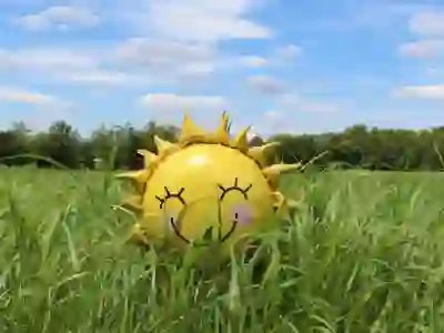 太阳形状的微笑气球在草地上