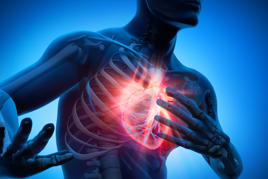  This image shows a man holding his chest in pain with a blue transparent body showing the heart and ribs. The image is about the complications of heart disease.