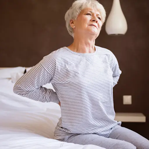 Senior woman uncomfortable bed with back pain.
