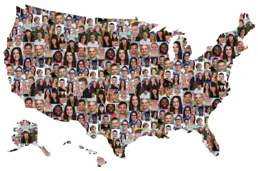 美国地图显示年轻人的多元文化群体。