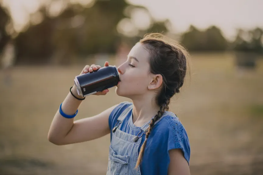 一个十多岁的小女孩在外面喝汽水罐。