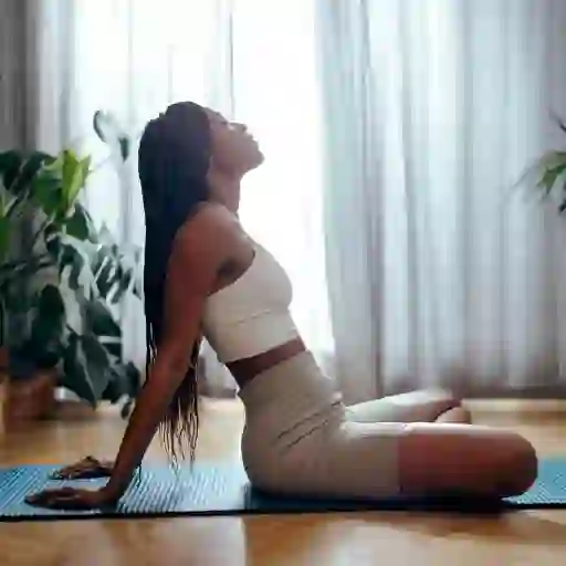 一名女子在瑜伽垫上伸展身体