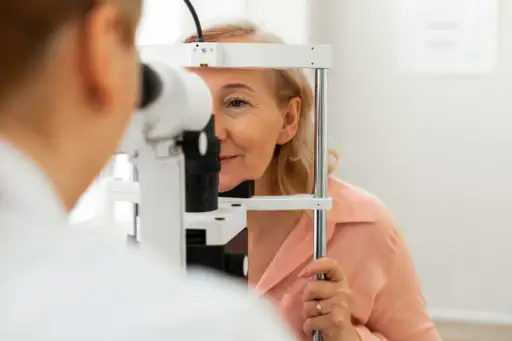 senior woman getting eye exam