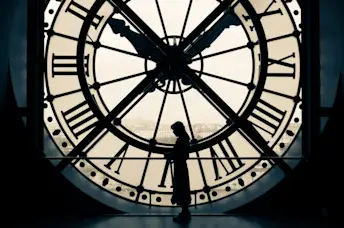 在时钟前面的哀伤的妇女