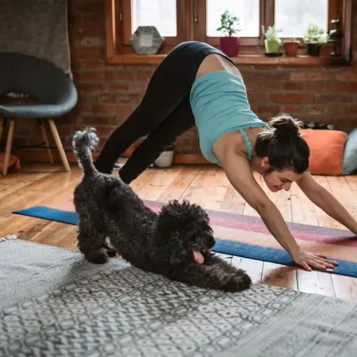 一位女士和她的狗在家里做瑜伽姿势。