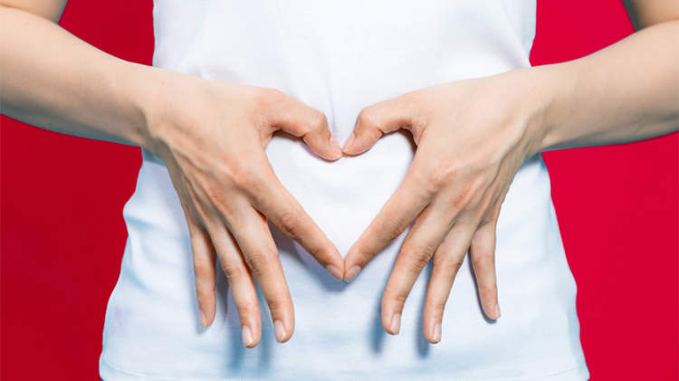 做妇女的心脏有超过她的胃肠道的双手展示消化系统的健康。