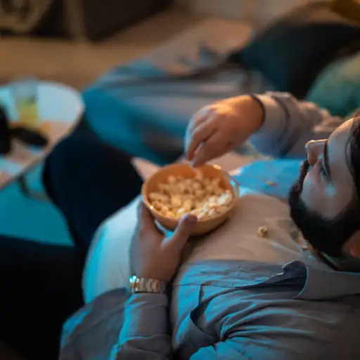 一个胖子坐在沙发上看电视，吃爆米花
