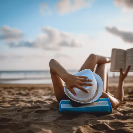 在海边的沙滩上阅读和欣赏日落“loading=