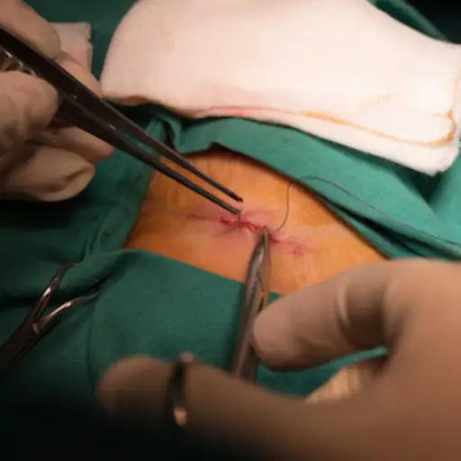 外科医生在部分膀胱切除术后缝合切口。