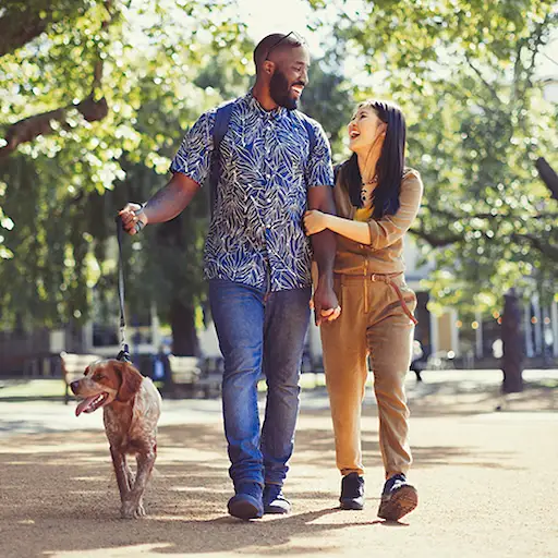 活跃的夫妇带着他们的狗在外面散步。