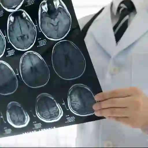 医生拿着脑部扫描图像