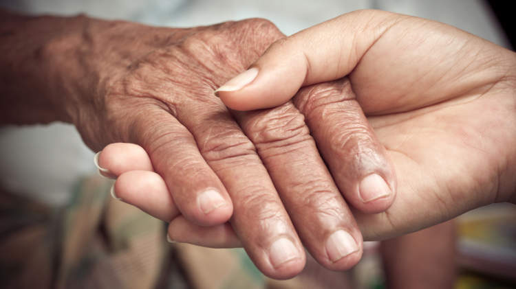 照顾者的概念，老的手在年轻的手。
