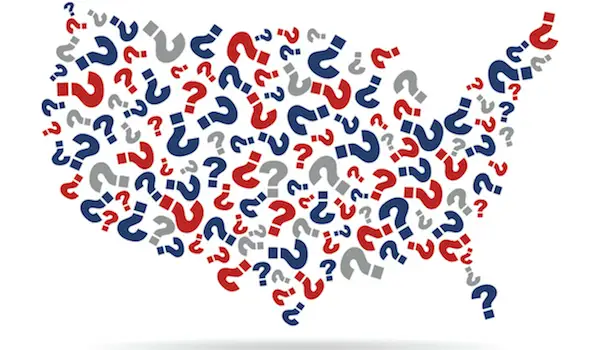 United States map made out of question marks.