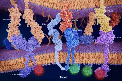 通过T细胞受体，CD4，B7-1，CD28，CTLA-4，PD-L1和PD-1激活/抑制T细胞的免疫应答