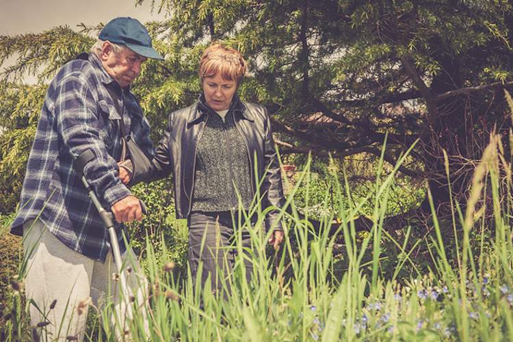 老人,中风幸存者,行走在他成年的女儿的树林拐杖。