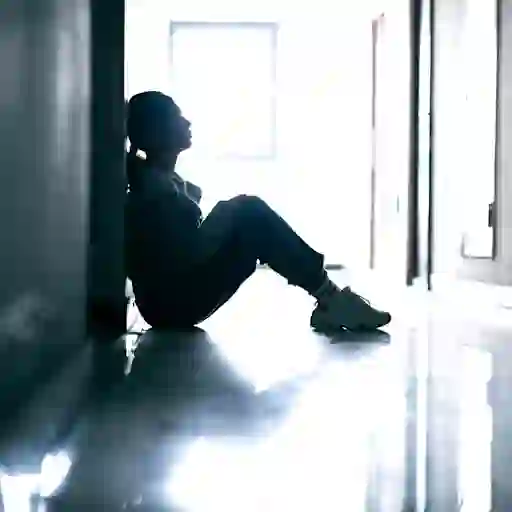 一个悲伤的女人坐在地板上的剪影。