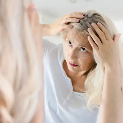 一个女人对着镜子检查自己的头皮。