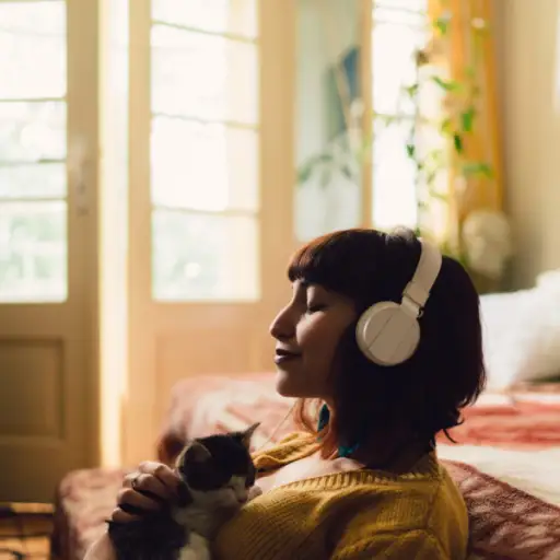 戴着耳机的女孩抱着猫放松