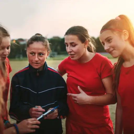 妇女的足球队与他们的教练谈话