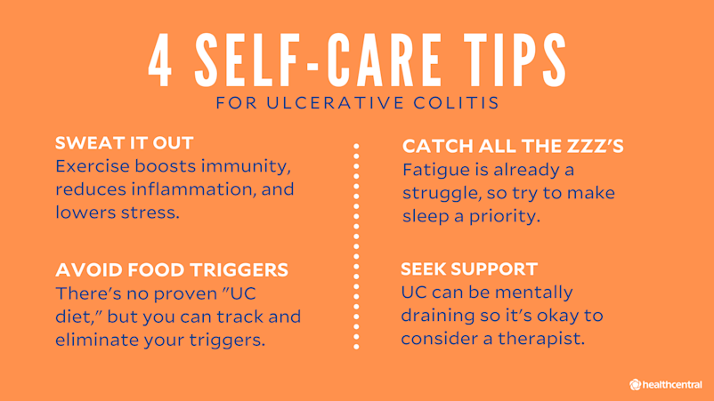 对溃疡性结肠炎的自我保健建议包括锻炼,睡眠,避免食物触发和治疗