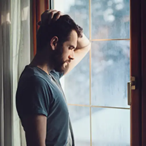 沮丧的男人望着窗外。