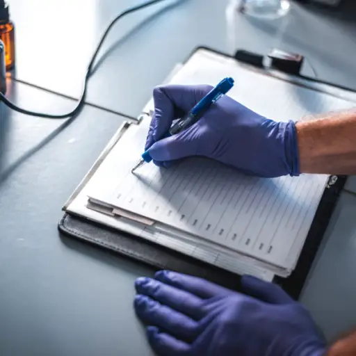 科学家戴着手套在实验室写在杂志上