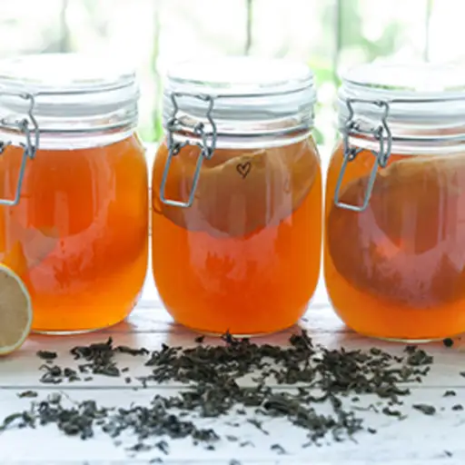 Jars of kombucha fermenting.