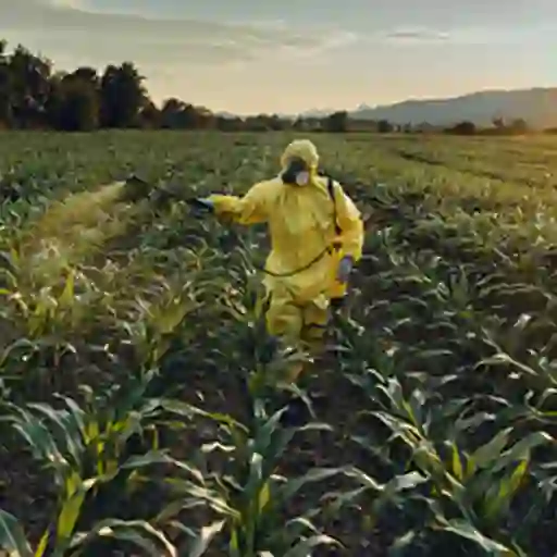 Man in a suit while spraying chemicals to avoid exposure.