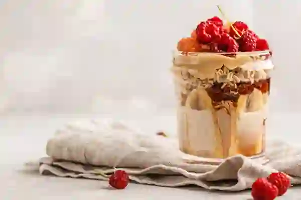 Healthy raspberry, oatmeal parfait.