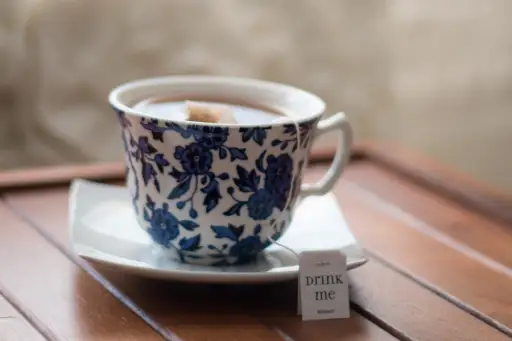 cup of tea with label reading 