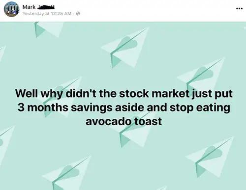 好吧，为什么股市没有储蓄储蓄3个月并停止吃鳄梨吐司meme