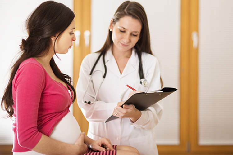 孕妇在预约谈话的医生。