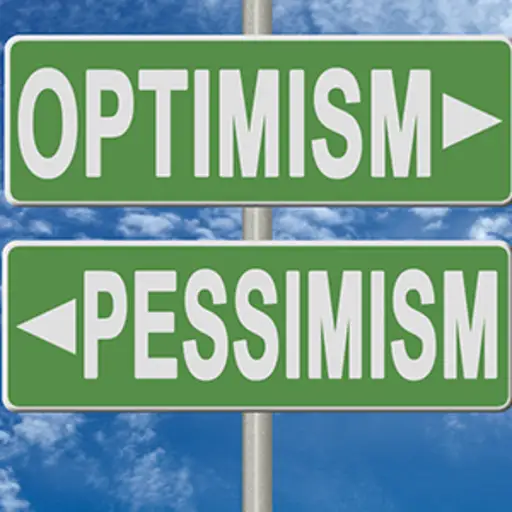 Optimism and pessimism signpost on green nameplate on sky background
