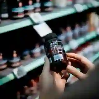 A person holds a bottle of vitamins in a store
