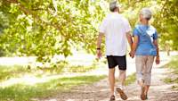 Elderly couple walking together in the park.