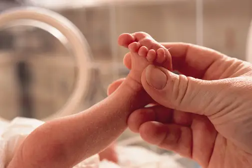 拿着新出生的婴孩的脚的手。