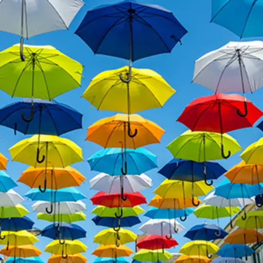 色彩鲜艳的雨伞映衬着蓝天。