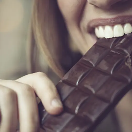 一个女人正在吃一块黑巧克力。