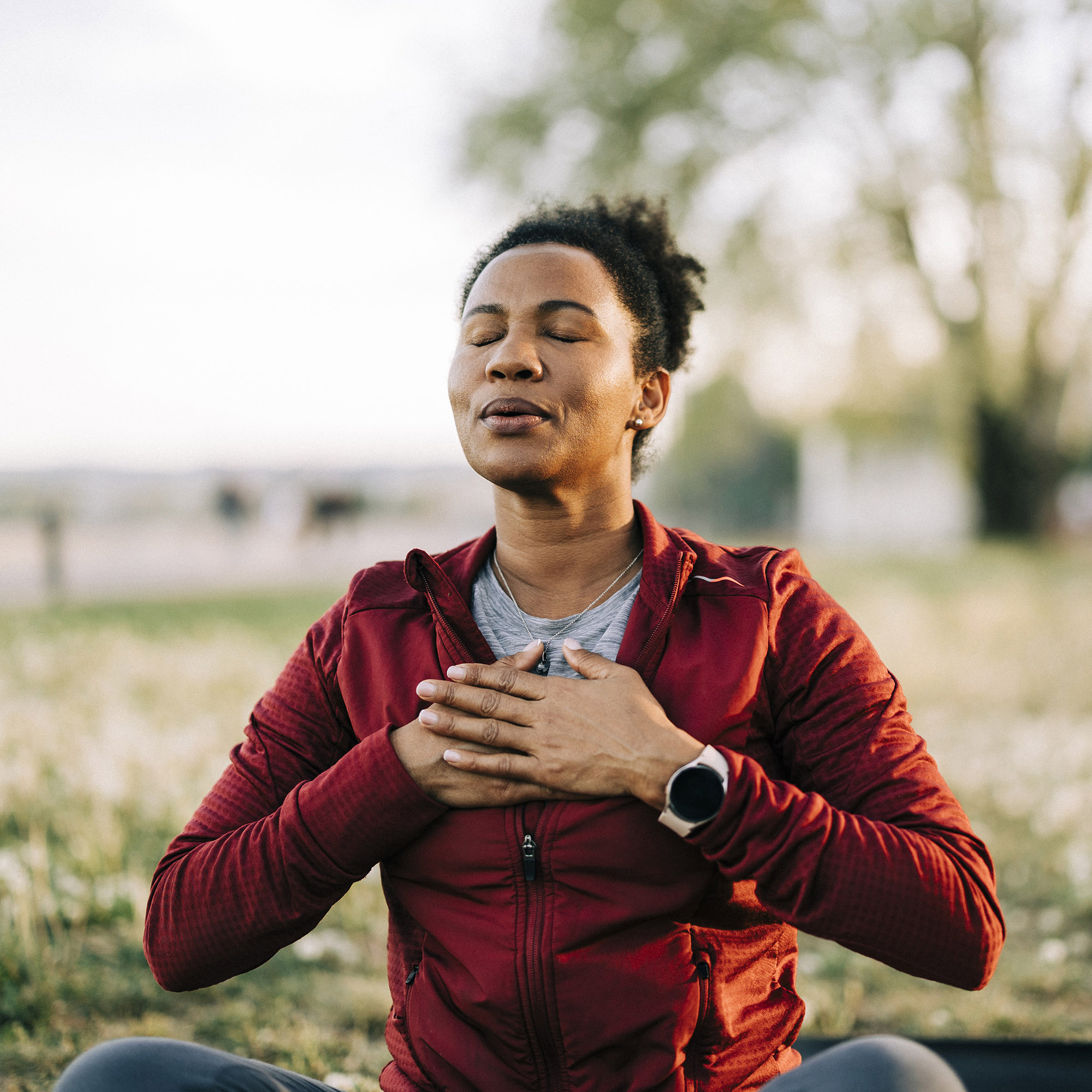 woman breath and hand on chest, for meditation