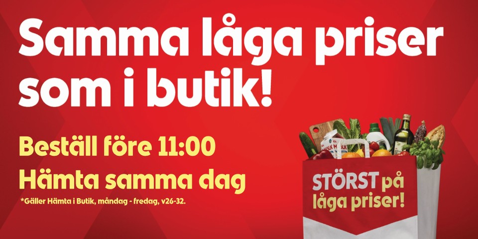 Beställ före 11:00 och hämta samma dag. Gäller Hämta i Butik, måndag - fredag, v26-32.