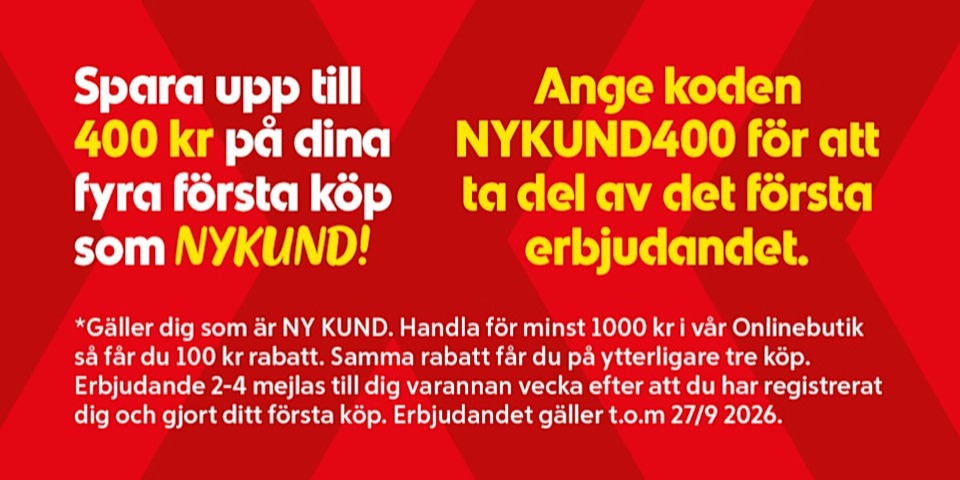 Spara upp till 400kr på din fyra första köp. Handla för minst 1000kr så får du 100kr rabatt, vid fyra tillfällen. Vid första köp använder du koden NYKUND400, erbjudande 2-4 mejlas till dig varannan vecka efter att du gjort ditt första köp. 