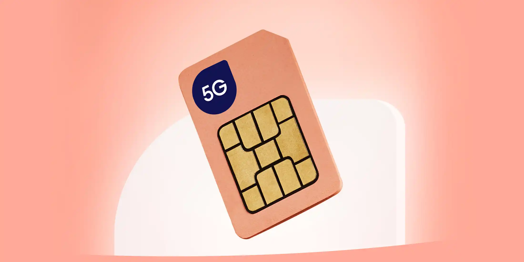 The felix peach SIM card is floating in front of a glowing white leaf in the background, the SIM has the symbol of '5G' on it.