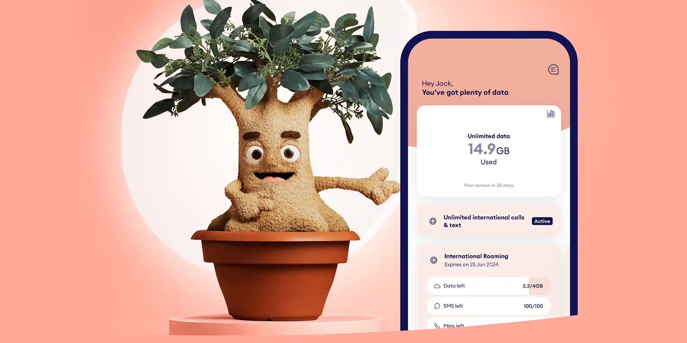 Felix the tree is shown on the left hand side of the image pointing to his right which shows a phone with the felix mobile app open.