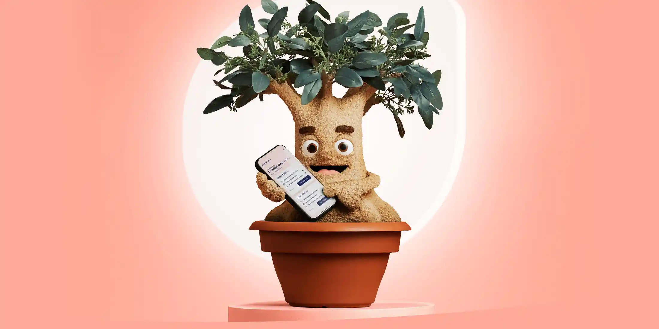 Felix the tree character is shown in the centre of the image holding his phone and pointing to the felix mobile app which is open on the phone. He's standing in front of a white glowing leaf.