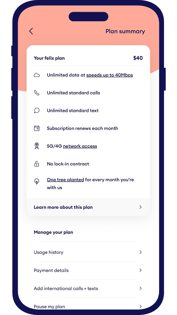 View your plan inclusions in the felix mobile app