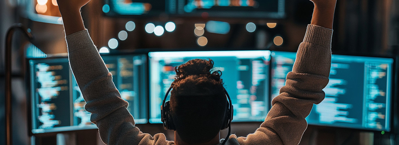 Happy programmer sitting at his workplace, seen from behind his back.